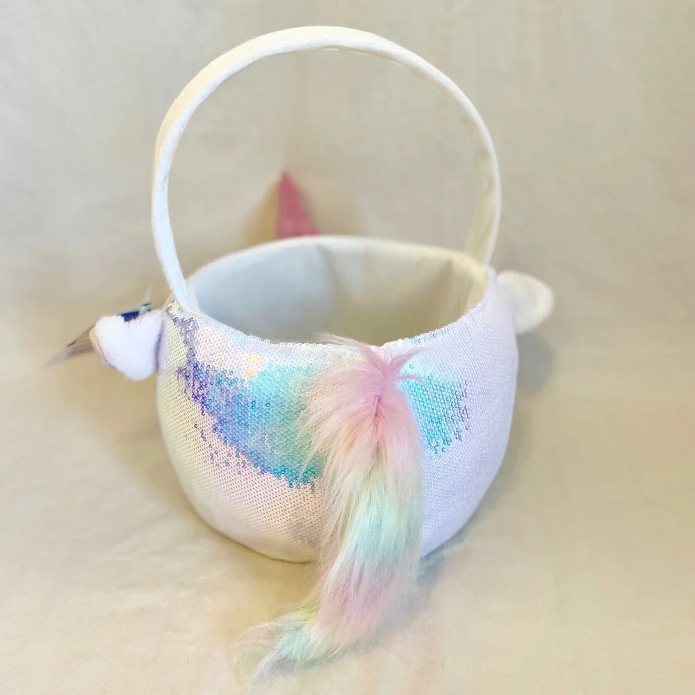 Spritz Iridescent‎ Sequin Unicorn Easter Basket White Pink Glitter Horn NWT